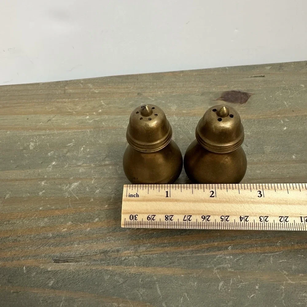 Vintage MCM Solid Brass Salt And Pepper Shakers Lined Screw on Lid Patina Clean